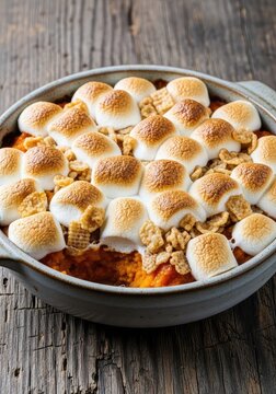 Golden sweet potato casserole topped with gooey toasted marshmallows and crunchy cereal, served in a ceramic dish on a rustic wood surface, feast, side dish, warm