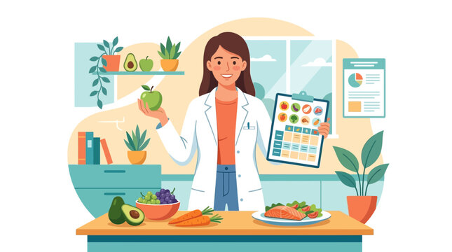 Nutritionist holding an apple and meal plan, surrounded by healthy foods and plants in a modern kitchen setting.