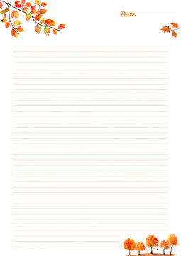 Watercolor Autumn Lined Writing Paper Printable A4 - Fall Stationery Template with Orange Maple Leaf Branch, Acorn Corner, Date Header, Dotted Lines and Autumn Tree Footer for Journaling and School