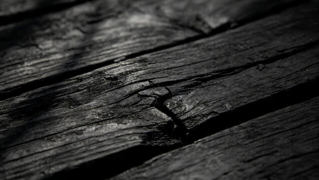 Dark Black Charred Wood Texture Background with Natural Grain and Cracks