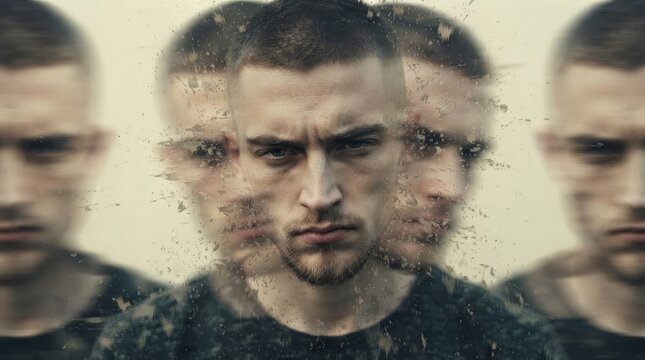 Man with serious face surrounded by blurred copies of himself. Multiple exposure portrait of young caucasian man. Mental health, personality disorder and identity concept.