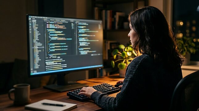 Female software engineer typing on keyboard while coding at computer desk at night with software dev