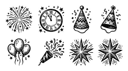 Fototapeta premium Hand-drawn New Year and celebration vector illustration set