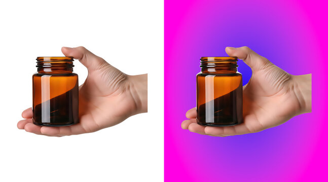 A hand holding a small amber glass jar, medical or cosmetic container, isolated on a white background, pharmaceutical packaging