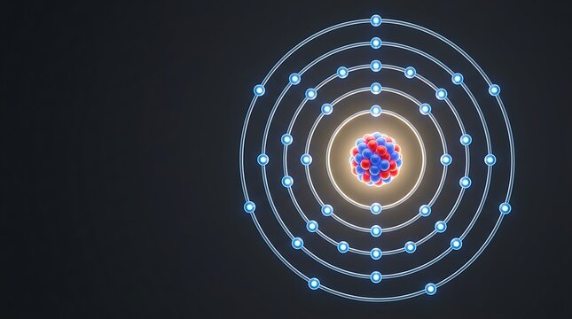 Glowing atomic structure model featuring a dense central nucleus with bright blue orbital electrons circulating on dark cosmic background orbits