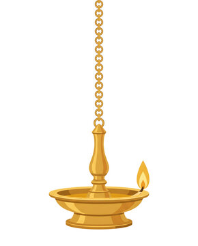 kerala thooku vilakku with side flame and golden brass chain isolated on white for onam festive decoration advertising marketing website campaigns