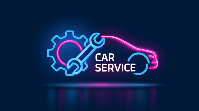Neon car service sign vector illustration with wrench, gear and vehicle outline on dark blue background for auto repair shop and mechanic