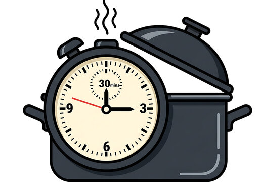 Kitchen timer on a steaming cooking pot showing thirty minutes