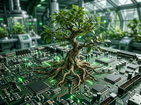 Oak tree growing from a central microchip on an electronic circuit board in a high tech bio laboratory