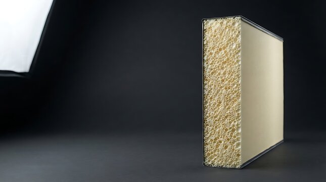 Rectangular sandwich panel section showing porous beige foam insulation core inside durable metallic framing isolated against a dark black background