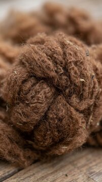 Macro close-up shot of raw unspun brown alpaca wool fleece resting on a rustic wooden table