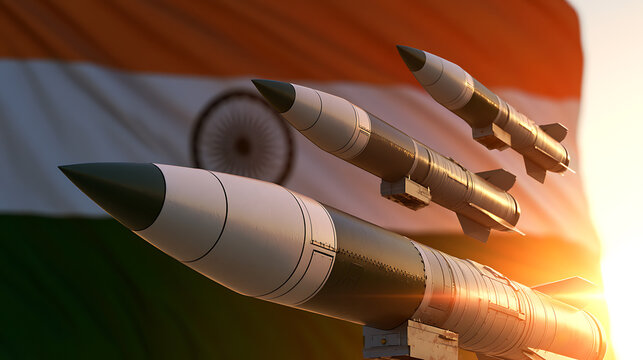 Indian National Flag in Front of Missiles, India Defense and Military Technology Concept, Missile Systems, National Security, Armed Forces, and Strategic Defense