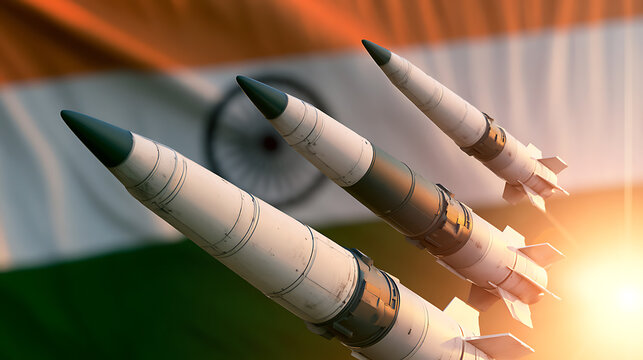 Indian National Flag in Front of Missiles, India Defense and Military Technology Concept, Missile Systems, National Security, Armed Forces, and Strategic Defense