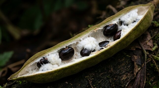 Ripe kapok tree pod showing dark seeds nestled in fluffy white fibers against a blurred dark forest ground outdoor setting