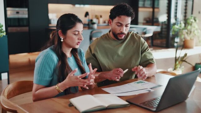 Couple, argue and stress in apartment with paperwork, bills and liability data for financial crisis. Married people, talk and conflict in home with laptop, missed payment and document for debt stats.