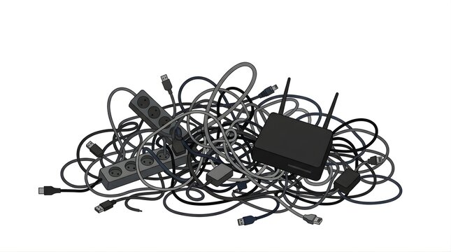 Tangled heap of electronic cables and router isolated on white background
