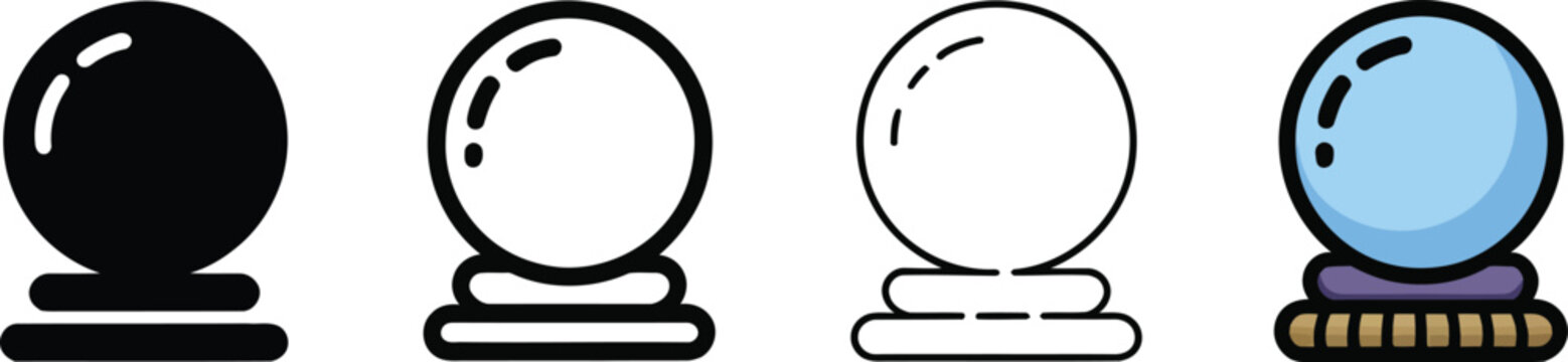 Magic crystal ball icon set, 4 mystical glass sphere vectors, fortune teller Editable Vector