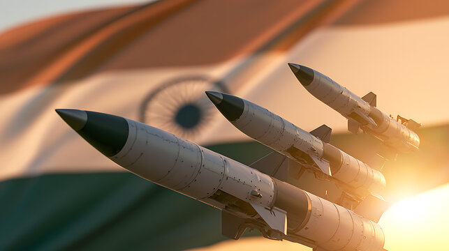 Indian National Flag in Front of Missiles, India Defense and Military Technology Concept, Missile Systems, National Security, Armed Forces, and Strategic Defense
