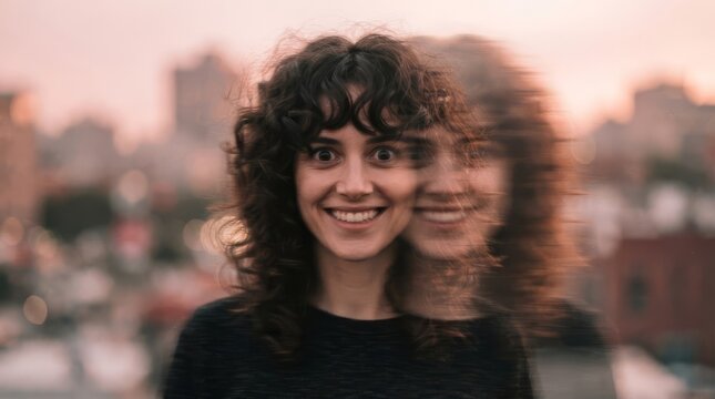 Young woman with curly hair smiling at camera with motion blur double exposure effect on city background at sunset. Creative portrait photography concept of duality, identity and