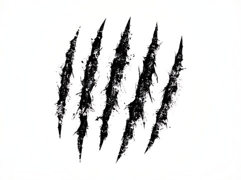 Black claw marks isolated on a white background representing a wild animal attack or aggressive scratch design