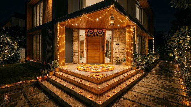 Illuminated modern house entrance decorated with lit diyas, floral rangoli, and string lights for Diwali night celebration