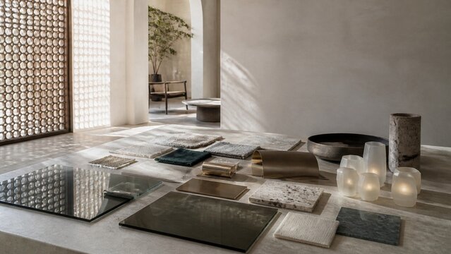 Interior design mood board, various luxury material samples, marble slabs, fabric swatches, neutral color palette, bright minimalist room, architectural planning