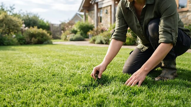 Woman wearing green shirt kneels on fresh lawn in bright backyard garden while tending to lush vibrant green grass growth