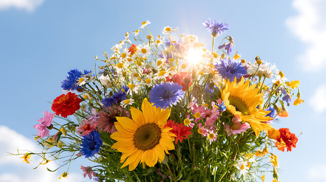 Vibrant bouquet of wild flowers featuring sunflowers Helianthus annuus and daisies Matricaria chamomilla under bright sunny blue sky