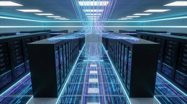 Futuristic server room in a data center with glowing blue and purple optical fiber light streams