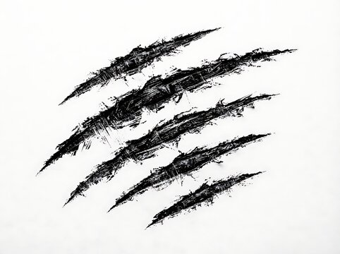 Black claw marks isolated on white background representing wild animal scratches or aggressive monster attack damage