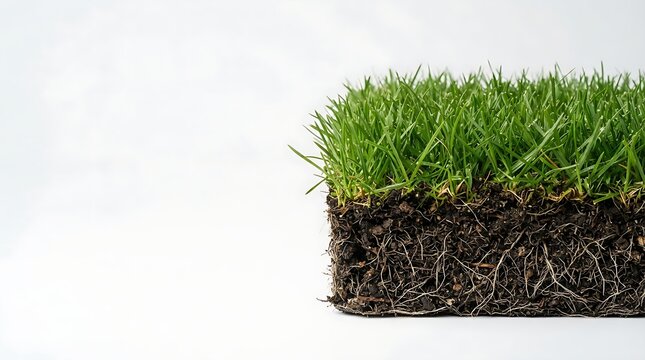 Fresh square block of vibrant green grass displaying detailed soil structure and intricate white roots against a clean white background
