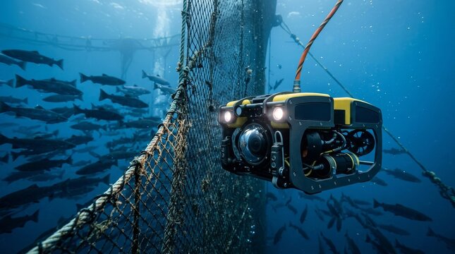 Underwater drone inspecting net cage at aquaculture fish farm while fish swim in deep blue sea