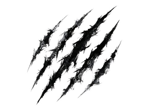 Black claw marks isolated on a white background representing a wild animal scratch or aggressive damage design element