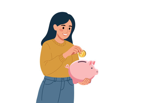 Smiling young woman putting a gold coin into a pink piggy bank. Flat vector illustration representing personal savings, financial literacy, money investment, budget planning, and economic security.