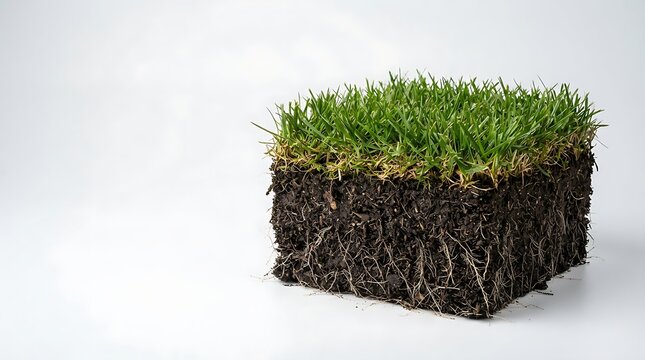 Square block of vibrant green grass featuring detailed brown soil and intricate white roots isolated against a clean white background
