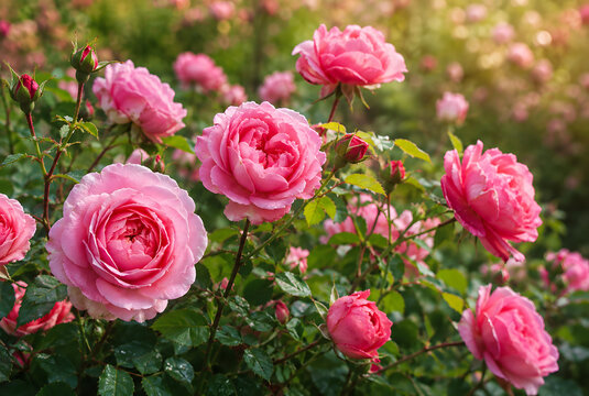 Beautiful pink roses blooming in a lush garden during summer.