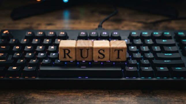 Stylish wooden block spelling RUST on a modern illuminated keyboard for tech marketing, software development, and programming project presentations.