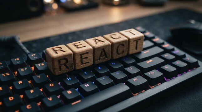 Stylish close-up photo of wooden React blocks arranged on a mechanical keyboard for tech marketing visuals ideal for web development portfolios or software promotion.
