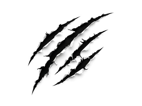 Black claw marks isolated on a white background representing a wild animal scratch or aggressive damage