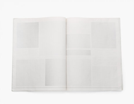Photorealistic folded and unfolded newspaper mockup on pure white background, blank paper, print media, editorial design, publishing, realistic paper texture, clean commercial stock photography.