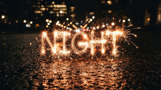 Stunning sparkler night text effect showcasing glowing letters for vibrant urban backdrop perfect for marketing banners, website design, or social media ads.