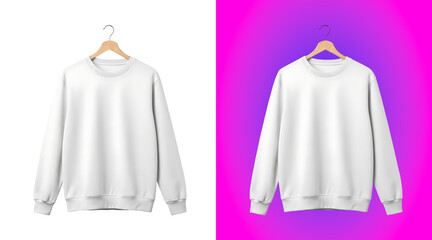 A plain white crew neck sweatshirt hanging on a wooden hanger, isolated on a white background, for apparel product, and mockups © SP Creative Lens