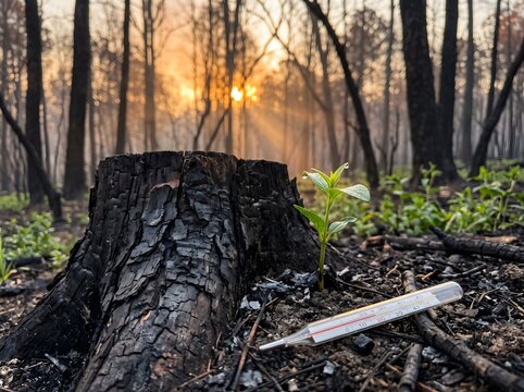 Green Sprout Growing Next to Charred Tree Stump and Thermometer Showing Extreme Heat in Burnt Forest, Symbol of Climate Crisis, Hope and Rebirth

