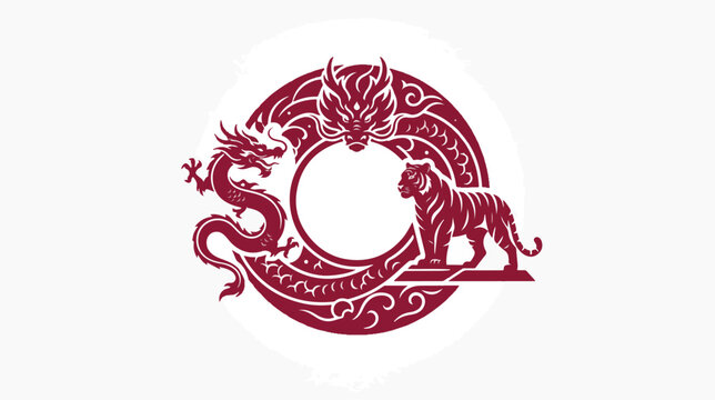 Decorative red vector illustration featuring a powerful mythical dragon and a strong tiger circling a circular empty central emblem space