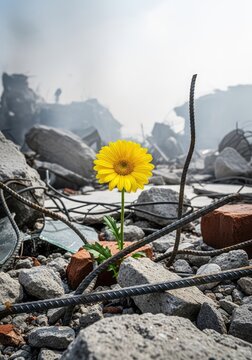 A bright yellow daisy grows amidst the grey rubble and twisted metal of a destroyed urban landscape under a hazy sky of smoke and debris, outdoors, contrast, nature