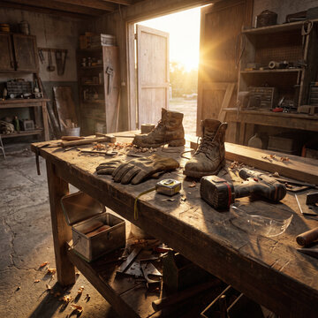 Vintage workshop scene showcasing a cluttered workbench with tools, boots, and construction debris under warm sunlight.
