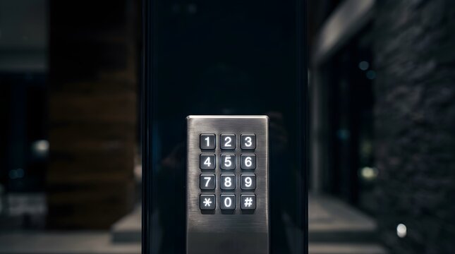 Close-up of a modern digital keypad for secure door entry at night
