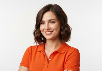 Obraz premium Smiling woman wearing orange button-down shirt