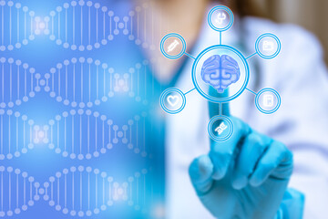 Medical professional uses a virtual brain interface with DNA symbols and healthcare icons,...