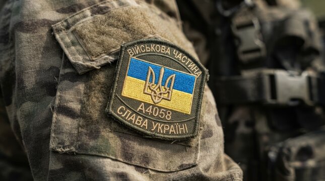 High-quality close-up photo of a Ukrainian military patch featuring the Tryzub emblem on camouflage uniform ideal for patriotic designs, web banners, and nationalistic marketing materials.